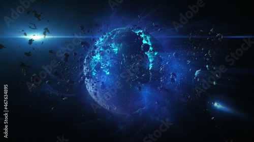 Destroyed planet in deep space with asteroids and sun flares
Cinematic view of destroyed death star after meteor asteroids impact
