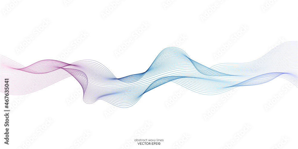 Fototapeta premium Vector wave lines flowing dynamic colorful blue pink isolated on white background for concept of AI technology, digital, communication, science, music