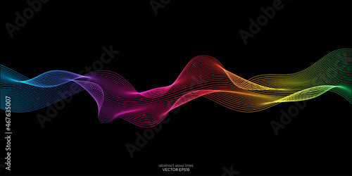 Vector wave lines flowing dynamic in colorful isolated on black background for concept of AI technology, digital, communication, science, music