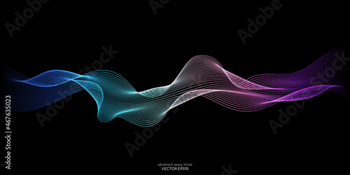 Abstract wave lines pattern dynamic colorful light flowing isolated on black background. Vector illustration design element in concept of music, party, technology, modern.