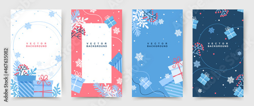 Colorful christmas banners,cute winter illustrations with falling snowflakes and gift boxes.Set of social media stories template. Festive vector background for greeting card,event invitation, promo,ad