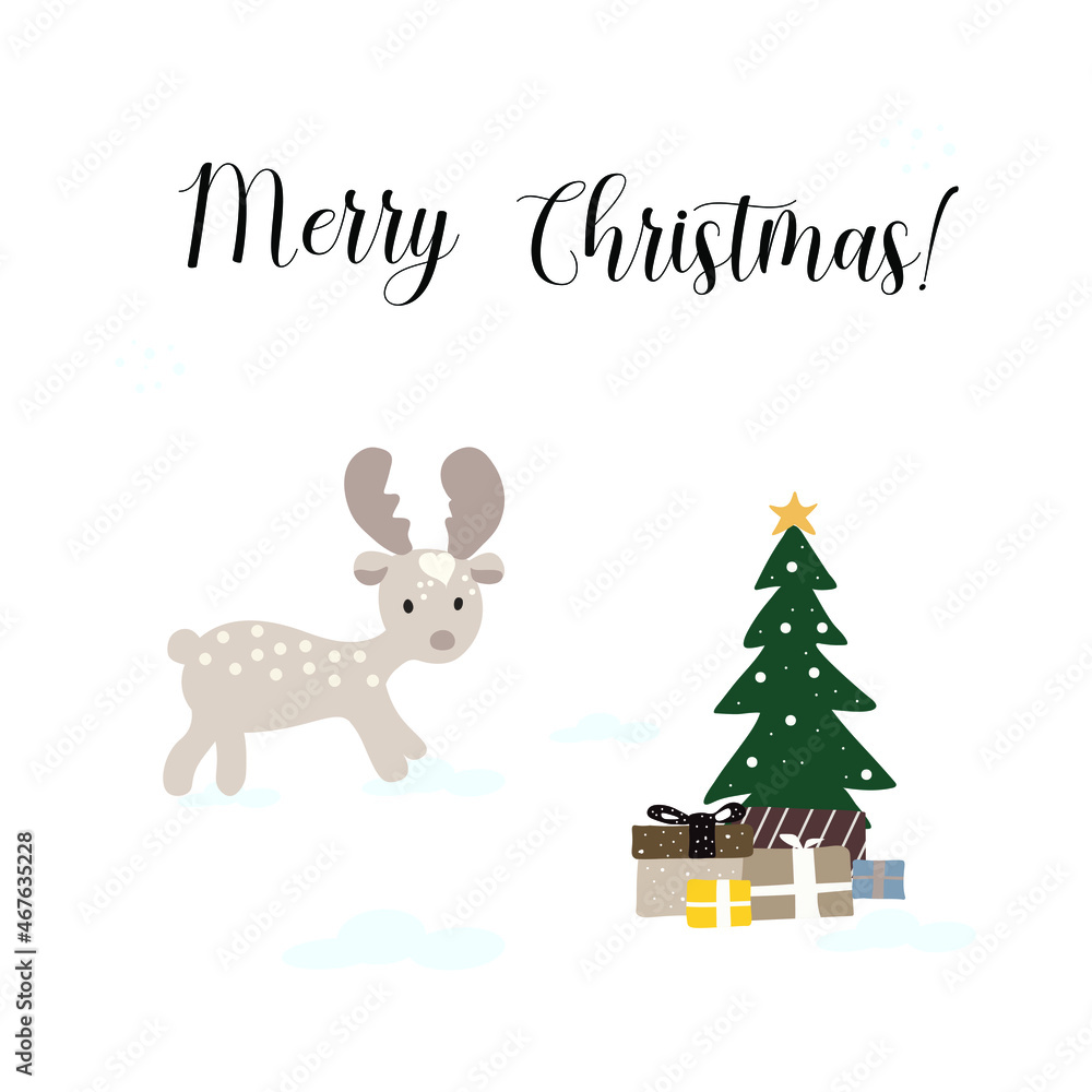 Christmas card with deer and tree and gift boxes isolated on white. Vector Illustration. Christmas card with deer and tree and gift boxes isolated on white. Vector Illustration.