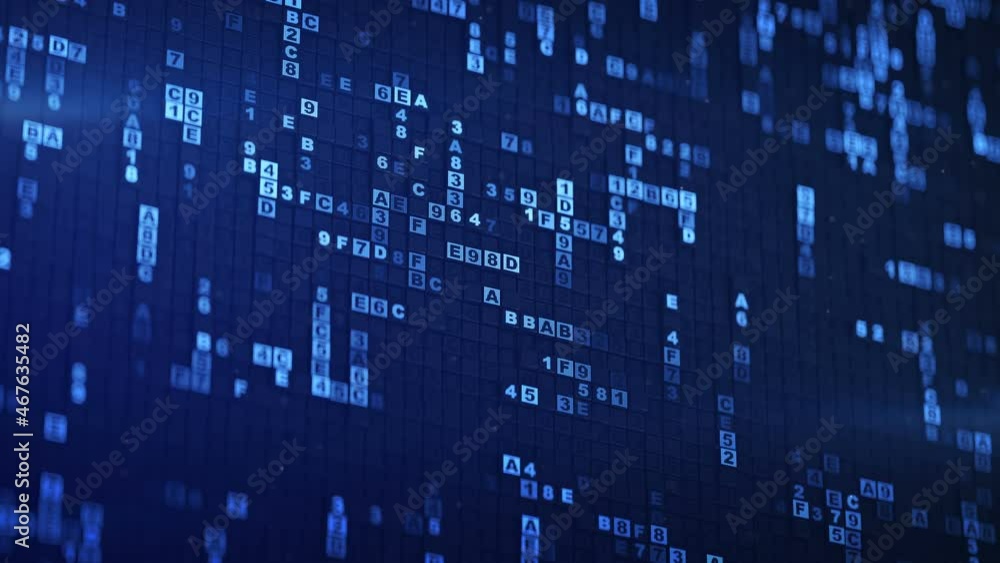 Blue HEX computer code. Futuristic information technology concept. Seamless loop 3D render animation with DOF