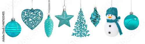 Set of hanging toys for the Christmas tree. Snowman, star, pine cone ball and heart. Turquoise scale. Isolated on white.