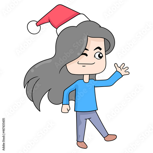 girl wearing a christmas hat celebrating the new year, doodle icon image kawaii