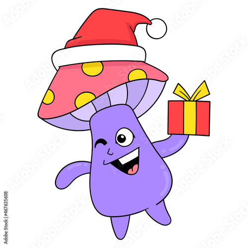 mushroom monster is celebrating christmas and new year, doodle icon image kawaii