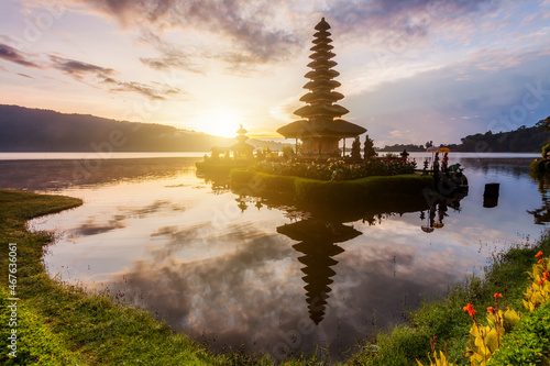 Pura Ulun Danu Bratan temple in Bali island. Hindu temple at sunrise s on Beratan lake, Indonesia