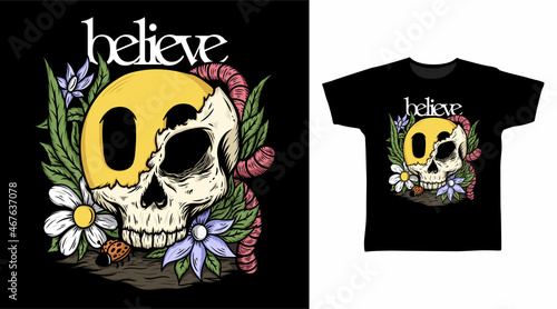 Skull head with flower art t shirt designs