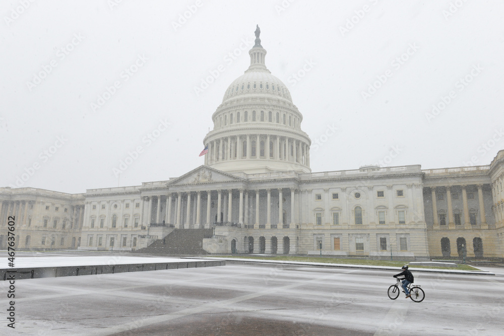 United States Capitol in blizzard - Washington DC in winter time.