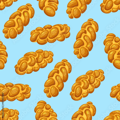 Loaf Challah Holiday jewish braided seamless pattern. Saturday bread on blue isolated background. Vector cartoon illustration of food