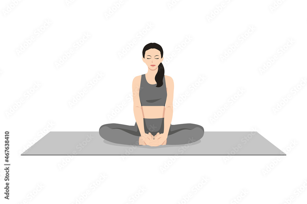 Woman doing Bound angle pose Baddha Konasana exercise. Flat vector  illustration isolated on white background 7341718 Vector Art at Vecteezy