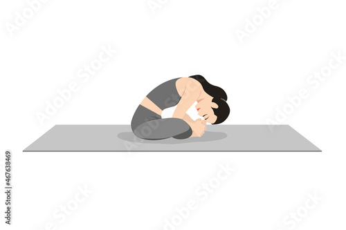 Bound Angle Bend Pose, Beautiful girl practice Baddha Konasana. Young attractive woman practicing yoga exercise. working out, black wearing sportswear, grey pants and top, indoor full length, calmness