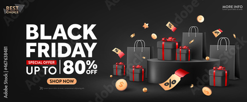 Vector of Black Friday Poster or banner with black gift box,coins,coupon,shopping bag and product podium scene. Black friday day sales banner template design for social media and website.