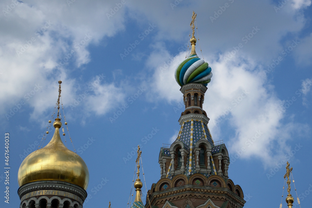 A close-up view of the domes of the Museum of the Savior on Spilled Blood in St. Petersburg is a museum and a monument of Russian architecture. 