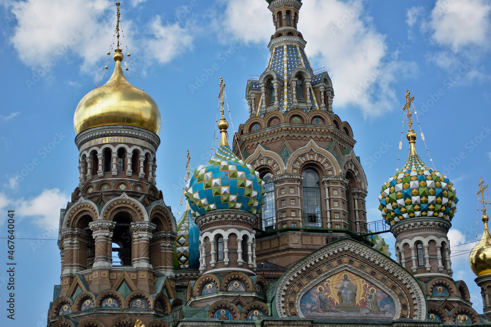 The middle part of the Museum of the Savior on Spilled Blood in St. Petersburg is a museum and a monument of Russian architecture. Close-up view. 