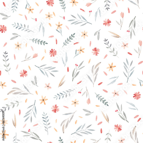 Beautiful seamless floral pattern with watercolor hand drawn cute wild flowers. Stock Watercolor illustration.
