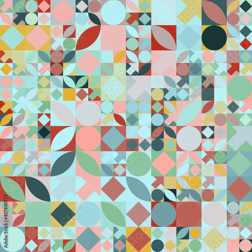 Patrón geométrico abstracto consistente en figuras geométricas aleatorias y variadas en colores suaves apagados.