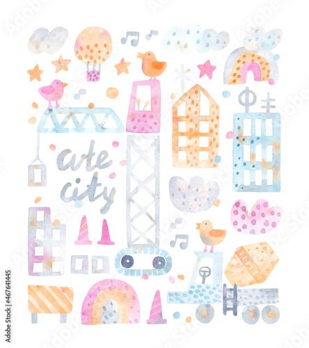 Watercolor city background. Design for poster, card, bag and t-shirt, cover. Baby style. City building watercolor illustration.