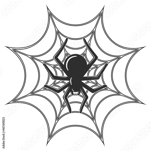 The spider sits in the center of his web. Vector illustration.