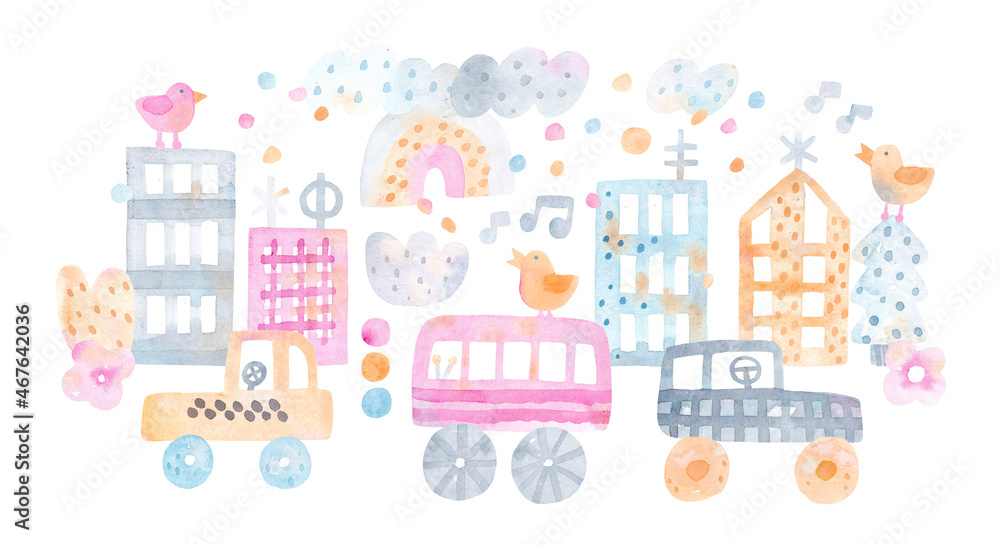 Watercolor city background. Childish illustration with skyscraper, buildings and cars. Design for poster, card, bag and t-shirt, cover. Baby style. Watercolor illustration.