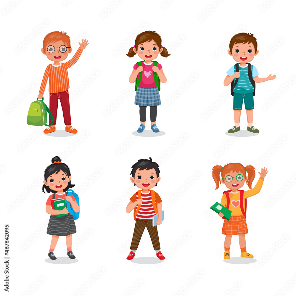 Group of school kids, boys and girls, standing in different poses carrying backpacks and holding books waving hands. Children with school bags. Back to school vector concept design. Group of school kids, boys and girls, standing in different poses carrying backpacks and holding books waving hands. Children with school bags. Back to school vector concept design.