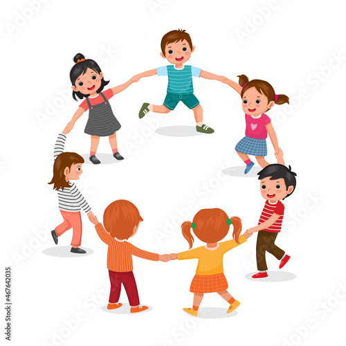 Group of cute happy little children, boys and girls, holding hands and dancing in circle, having fun playing together with smile on their faces.