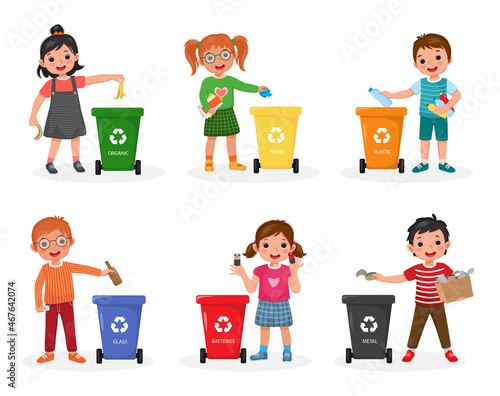 children sorting garbage, such as organic, paper, plastic, glass, metal, and batteries waste and throw into trash bins with different colors. Kids recycling for save the earth concept.