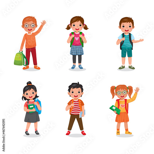 Group of school kids, boys and girls, standing in different poses carrying backpacks and holding books waving hands. Children with school bags. Back to school vector concept design.