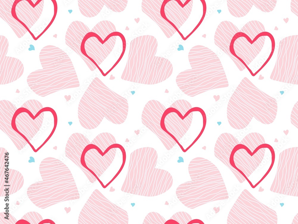 Heart seamless pattern. Abstract pink background for Valentine's Day, wedding, birthday. For textile, wrapping paper, wallpaper, cover design in trandy collage style