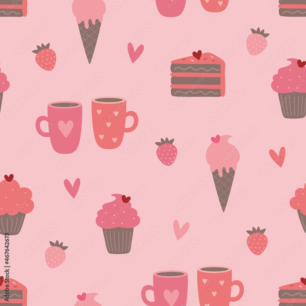 Cute seamless pattern with ice cream, cake, cupcake, strawberries, a couple of mugs. The concept of Valentine's day, love. Vector illustration on pink background Cute seamless pattern with ice cream, cake, cupcake, strawberries, a couple of mugs. The concept of Valentine's day, love. Vector illustration on pink background