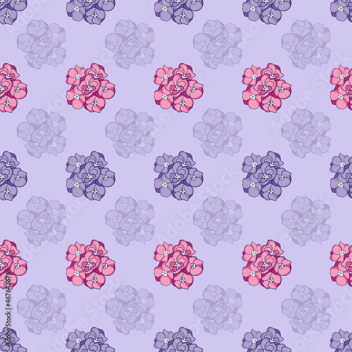 Pink purple delphinium flowers seamless vector pattern on pastel purple background