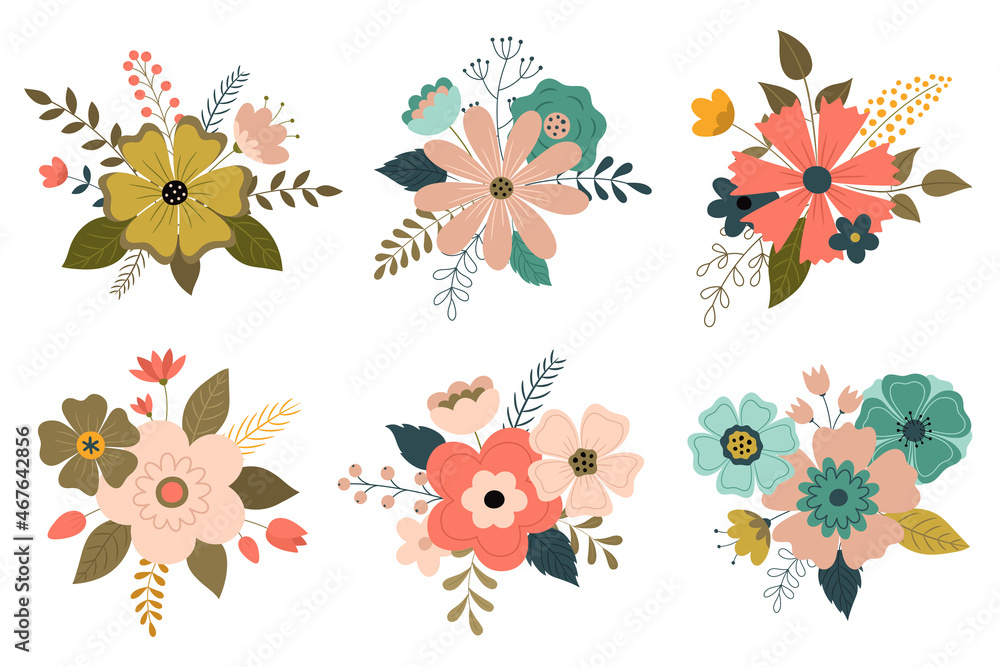 A set of bouquets of flowers. Bright colorful plants, leaves and flowers. Bouquets for the design of invitations, postcards, cards, greeting cards. Vector illustration