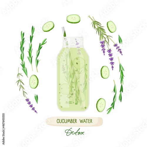 Cucumber water. Glass botlle and ingredients for making fresh healthy drink. Rosemary, lavender, cucumber. Detox water with vegetables and herbs for cafe menu, party, beverage template