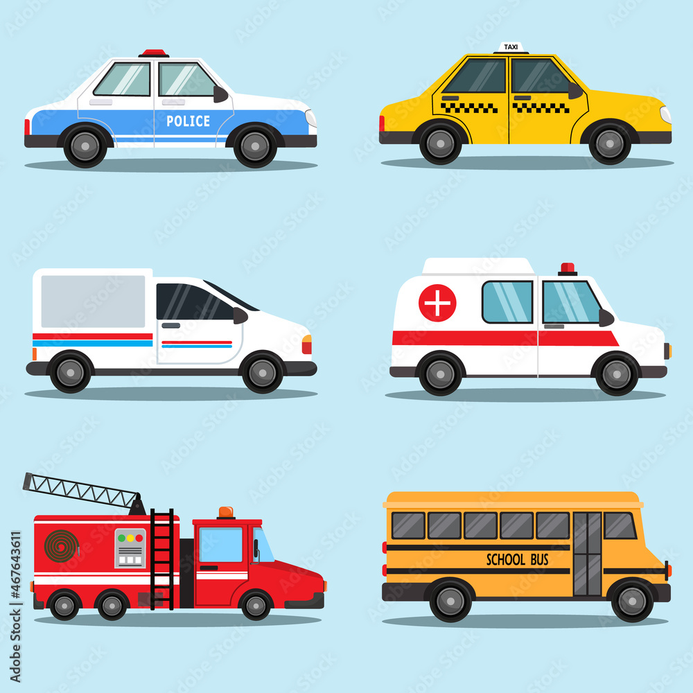 Set of different kind of public transportation vector such as police car, taxi, delivery van, ambulance, fire truck, and school bus. Collection of cartoon style transport vehicles illustration design. Set of different kind of public transportation vector such as police car, taxi, delivery van, ambulance, fire truck, and school bus. Collection of cartoon style transport vehicles illustration design.