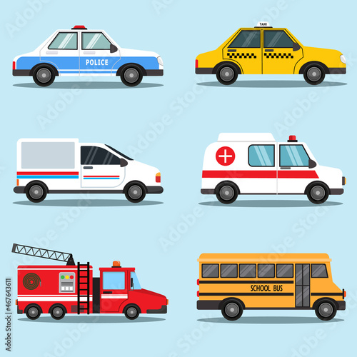 Set of different kind of public transportation vector such as police car, taxi, delivery van, ambulance, fire truck, and school bus. Collection of cartoon style transport vehicles illustration design.