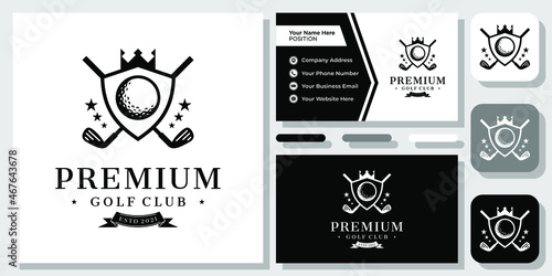 Golf Shield Crown Club Ball Emblem Sport Ribbon Champion Logo Design with Business Card Template