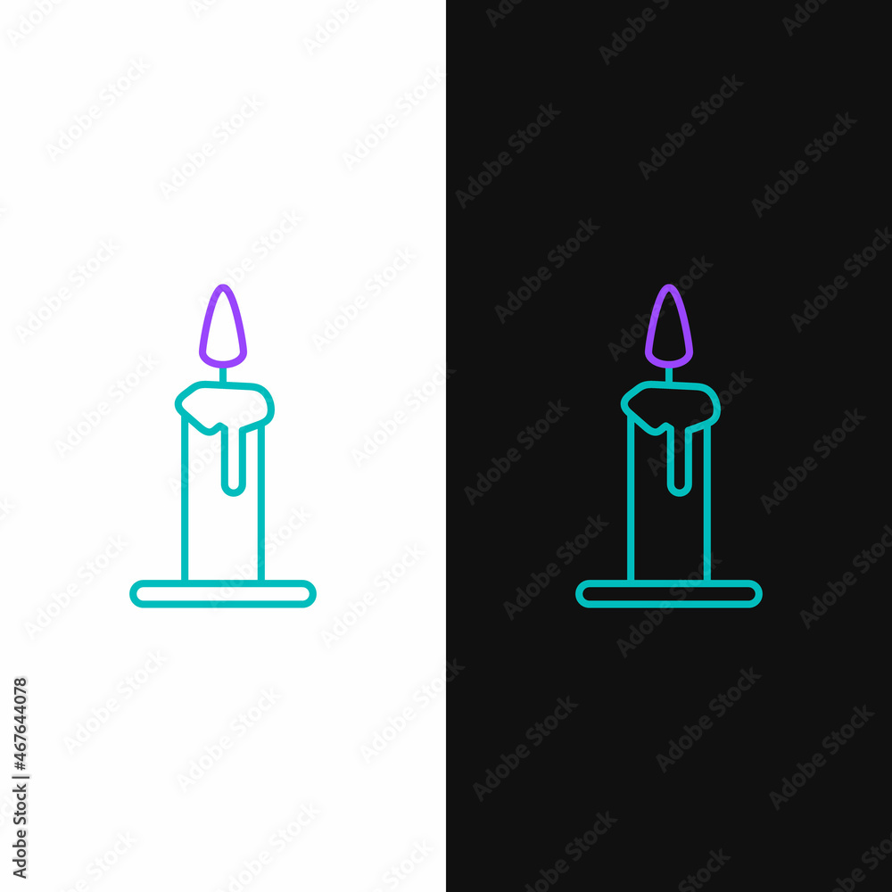 Line Burning candle in candlestick icon isolated on white and black background. Cylindrical candle stick with burning flame. Colorful outline concept. Vector Line Burning candle in candlestick icon isolated on white and black background. Cylindrical candle stick with burning flame. Colorful outline concept. Vector