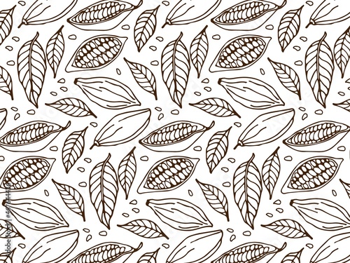 Cocoa beans and leaves seamless pattern. Hand drawn vector Botanical art line sketch. Doodle illustration. Organic product Background for farmer market, restaurant menu, wallpaper, wrapping, packing.