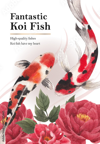 Poster template with koi fish concept,watercolor style.