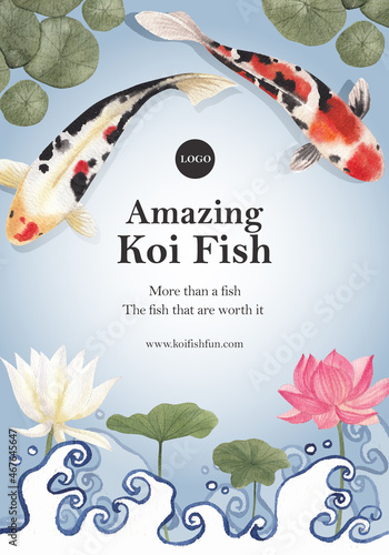Poster template with koi fish concept,watercolor style.