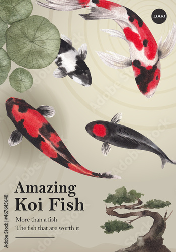 Poster template with koi fish concept,watercolor style.