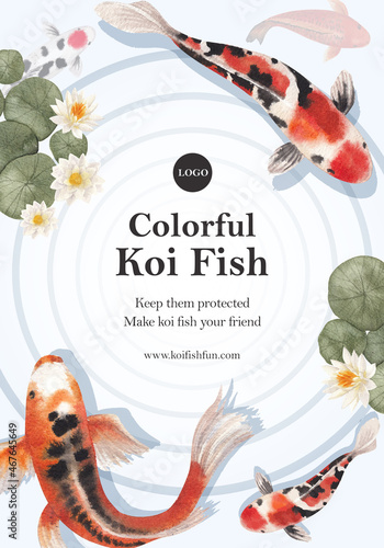 Poster template with koi fish concept,watercolor style.