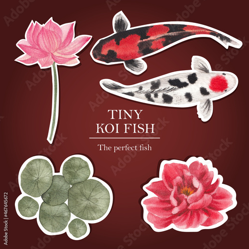 Sticker template with koi fish concept,watercolor style.