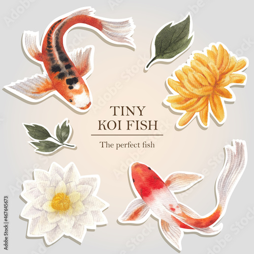 Sticker template with koi fish concept,watercolor style.