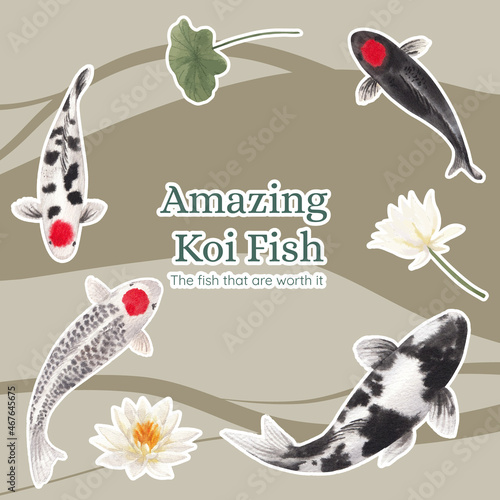 Sticker template with koi fish concept,watercolor style.