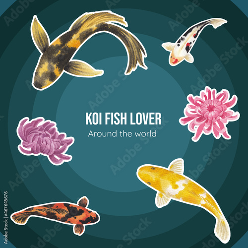 Sticker template with koi fish concept,watercolor style.