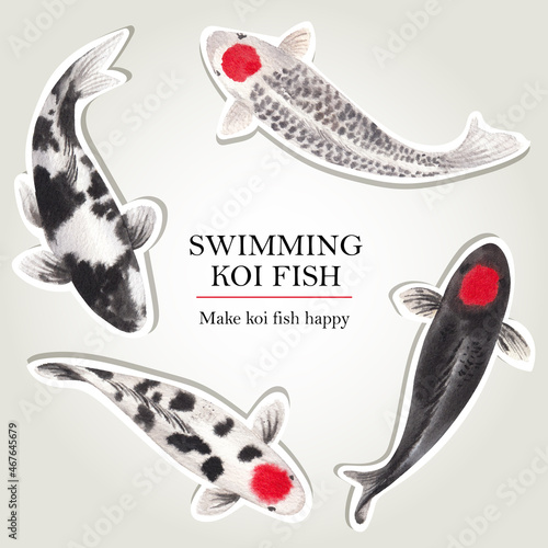 Sticker template with koi fish concept,watercolor style.