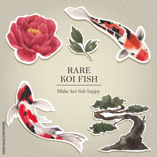 Sticker template with koi fish concept,watercolor style.
