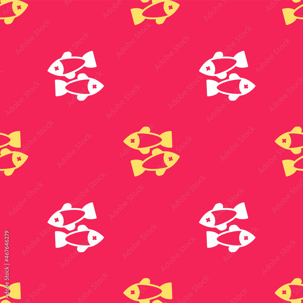 Yellow Dead fish icon isolated seamless pattern on red background. Vector