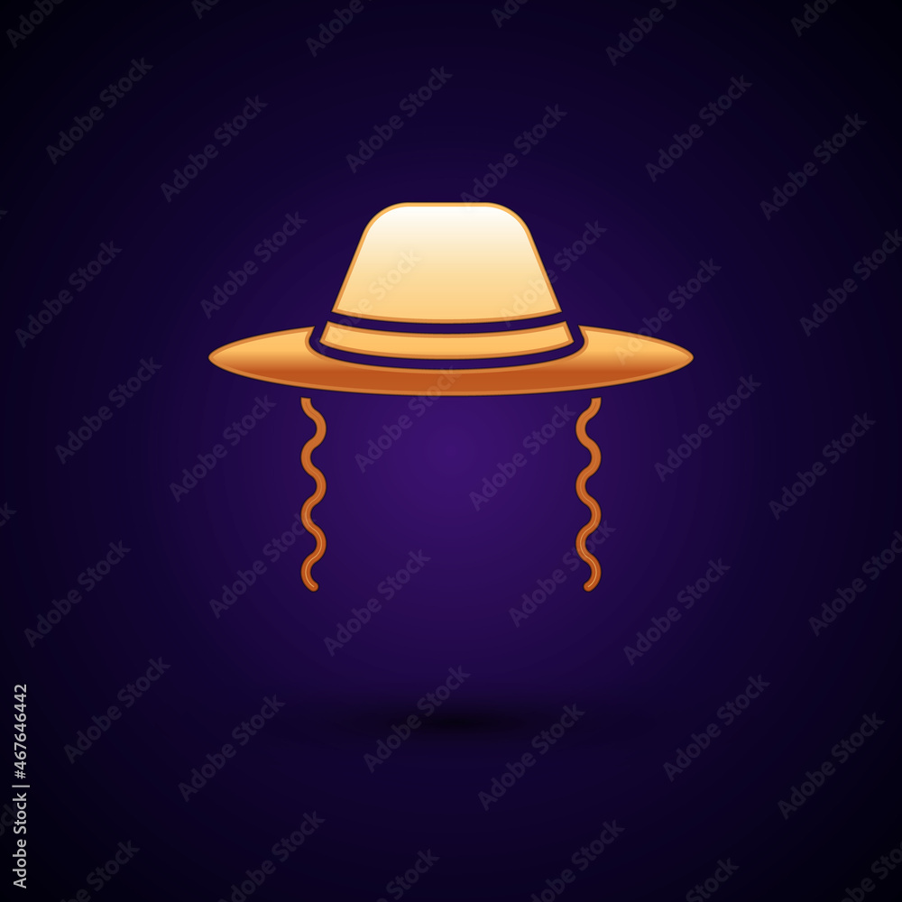 Gold Orthodox jewish hat with sidelocks icon isolated on black